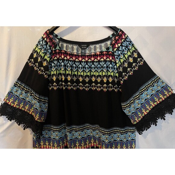 ALI MILES Crochet Lace Trim Black Multi Boho Art Bell Sleeves Peasant Tunic 2X - Picture 2 of 9